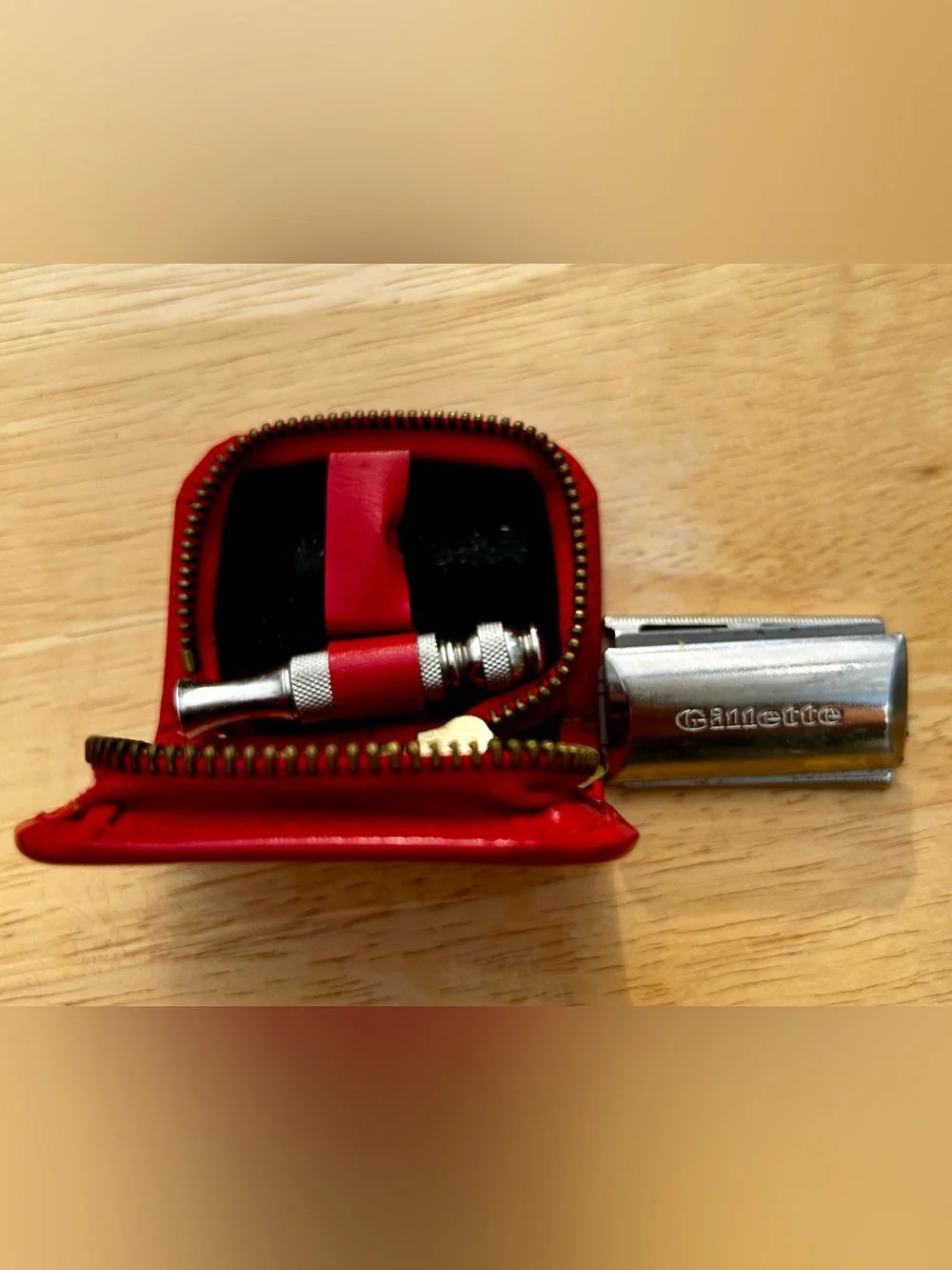 Vintage red Gillette travel safety razor kit